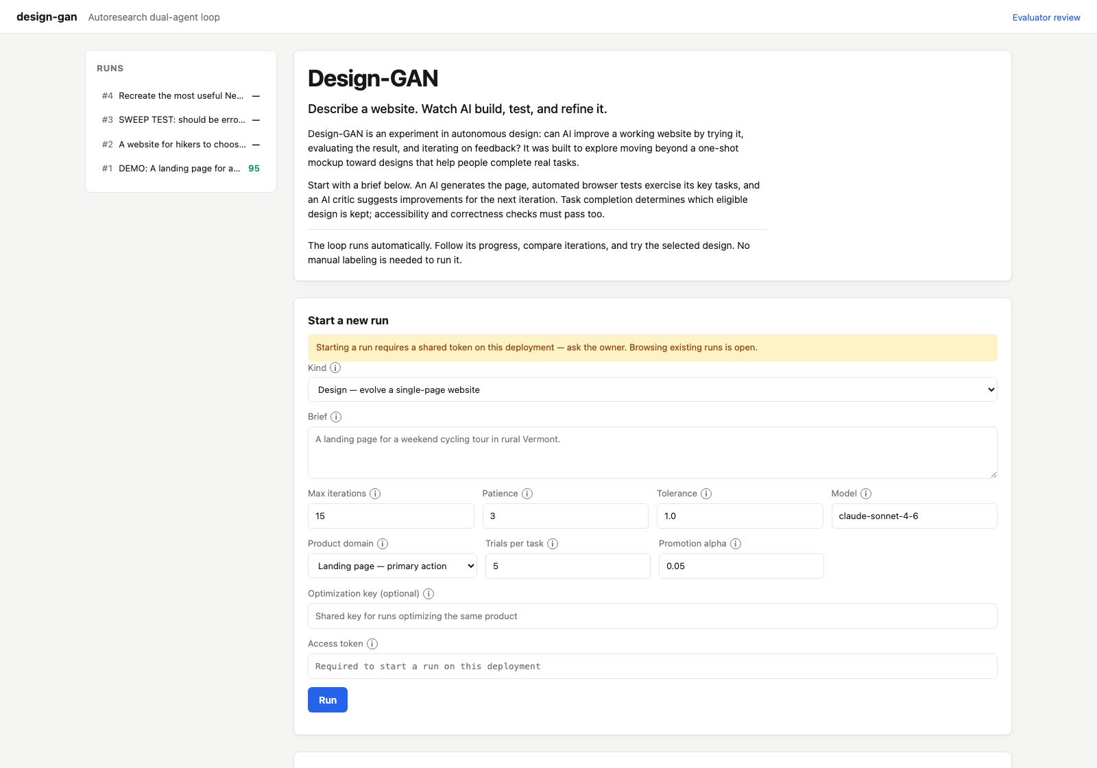 Design-GAN dashboard explaining the automatic workflow above the brief, domain, and run controls.