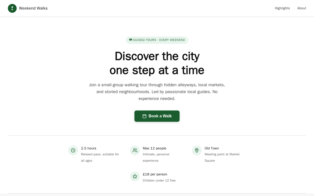 First generated walking-tour page, whose booking action failed all ten development trials.