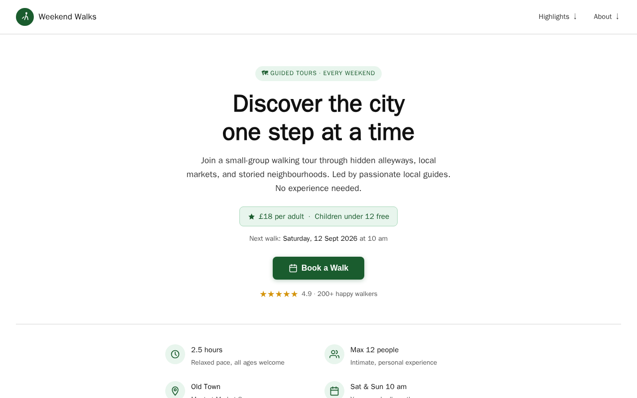 Revised walking-tour page with clearer pricing and a booking action that passed all ten development trials.